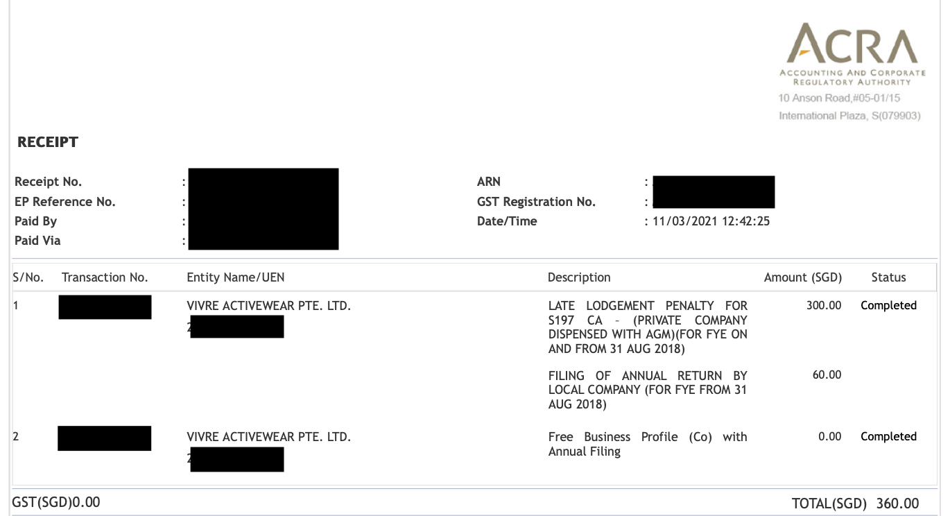 ACRA late lodgement penalty receipt 2021 — $300 penalty for Vivre Activewear Pte Ltd