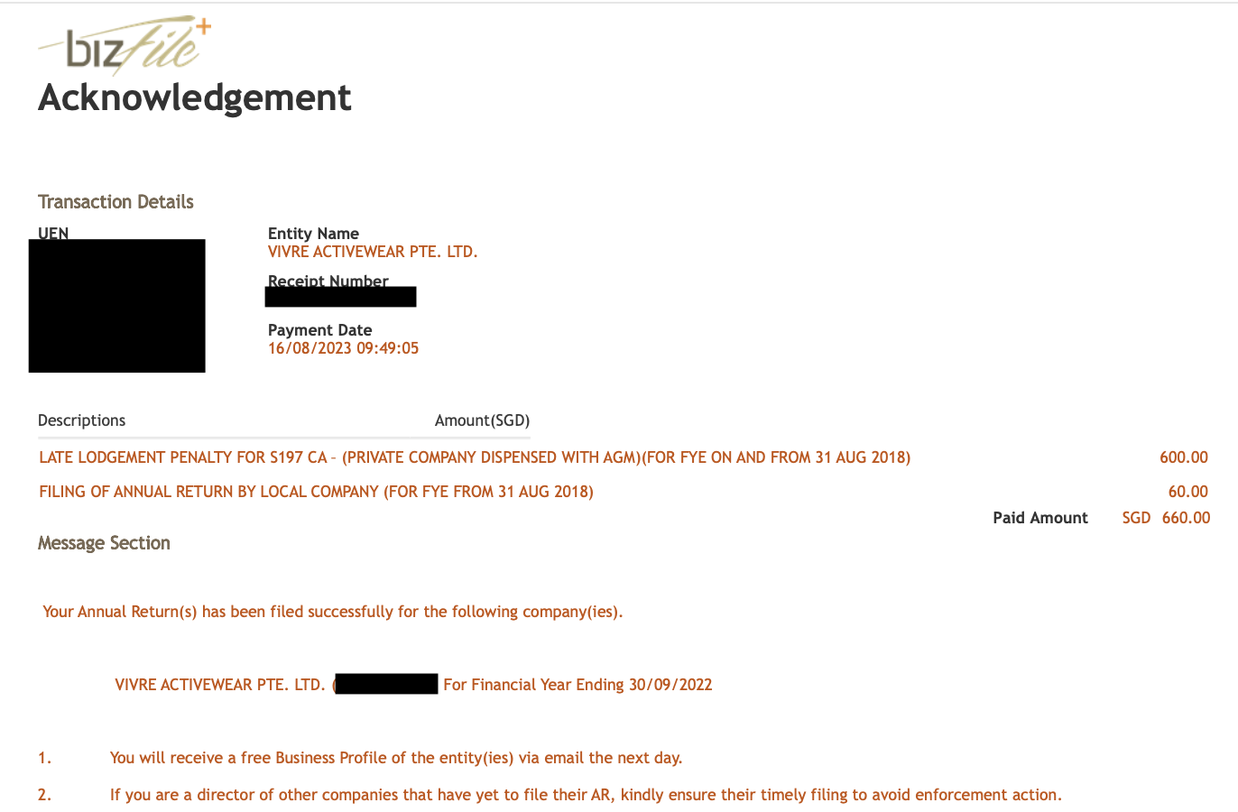 BizFile acknowledgement for ACRA annual return filing — $660 paid for Vivre Activewear FY ending 30 Sep 2022